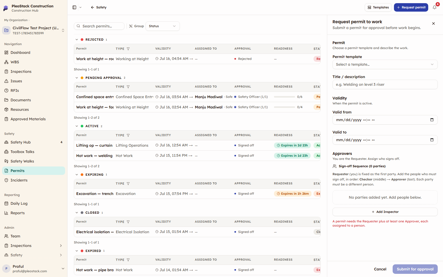 Request permit panel with template, validity window, and hazard controls