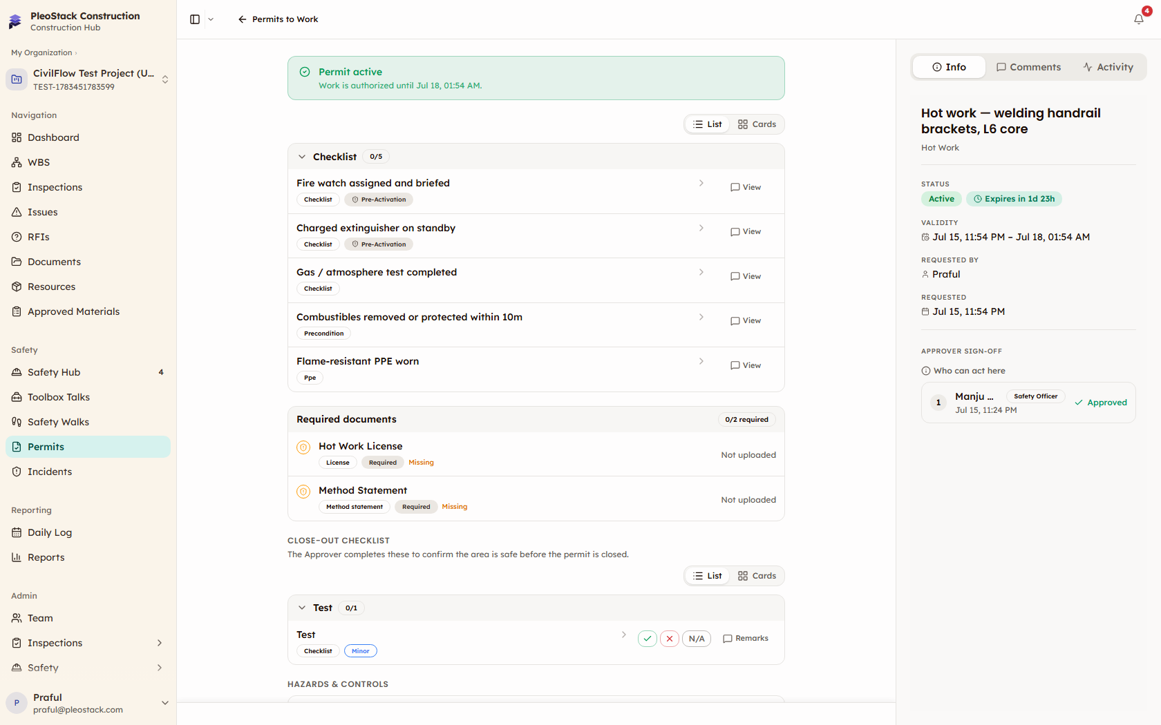 Active permit detail with status strip, validity window, checklist, and approval timeline