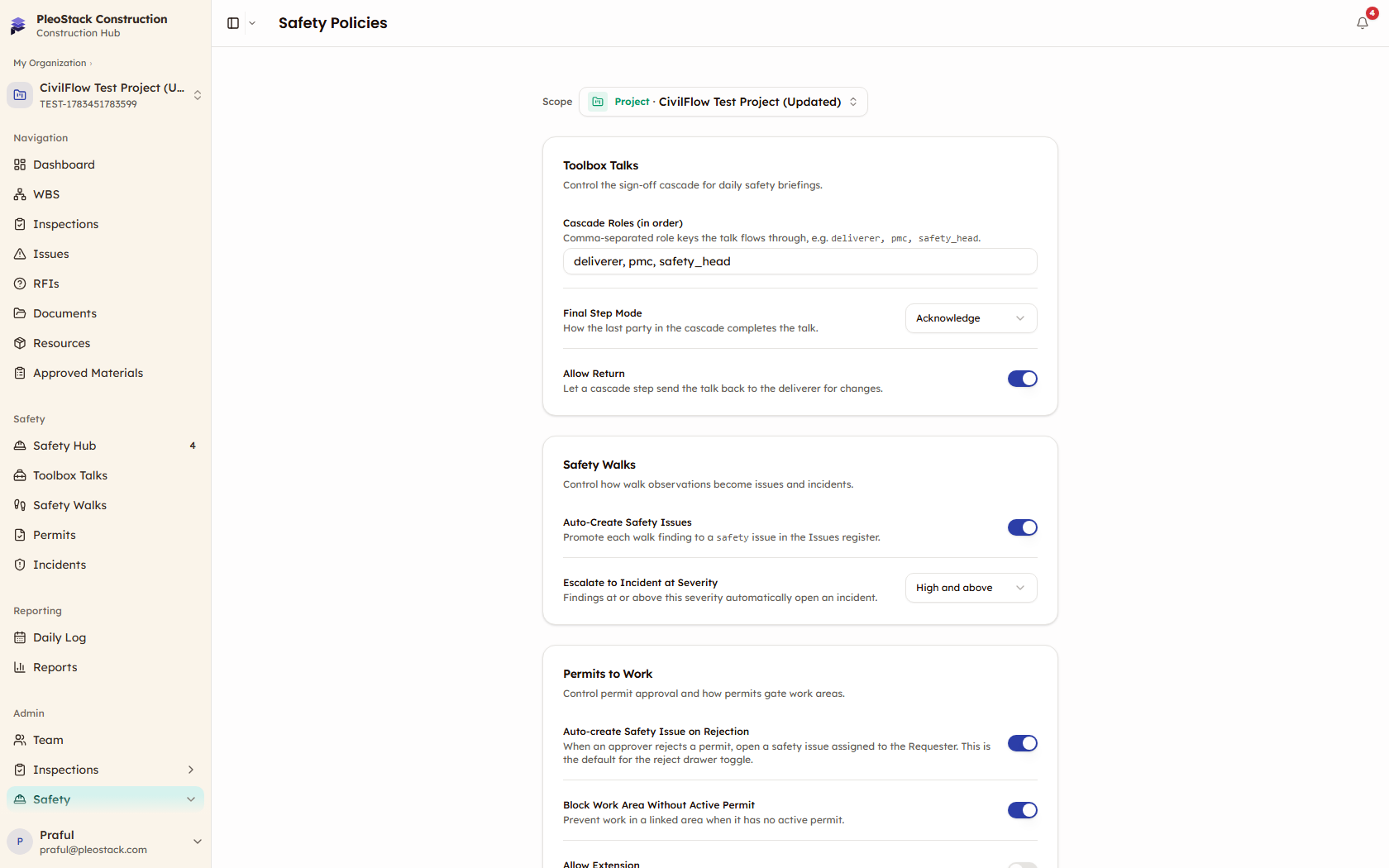 Safety Policies admin page with org and project scopes and per-workflow settings