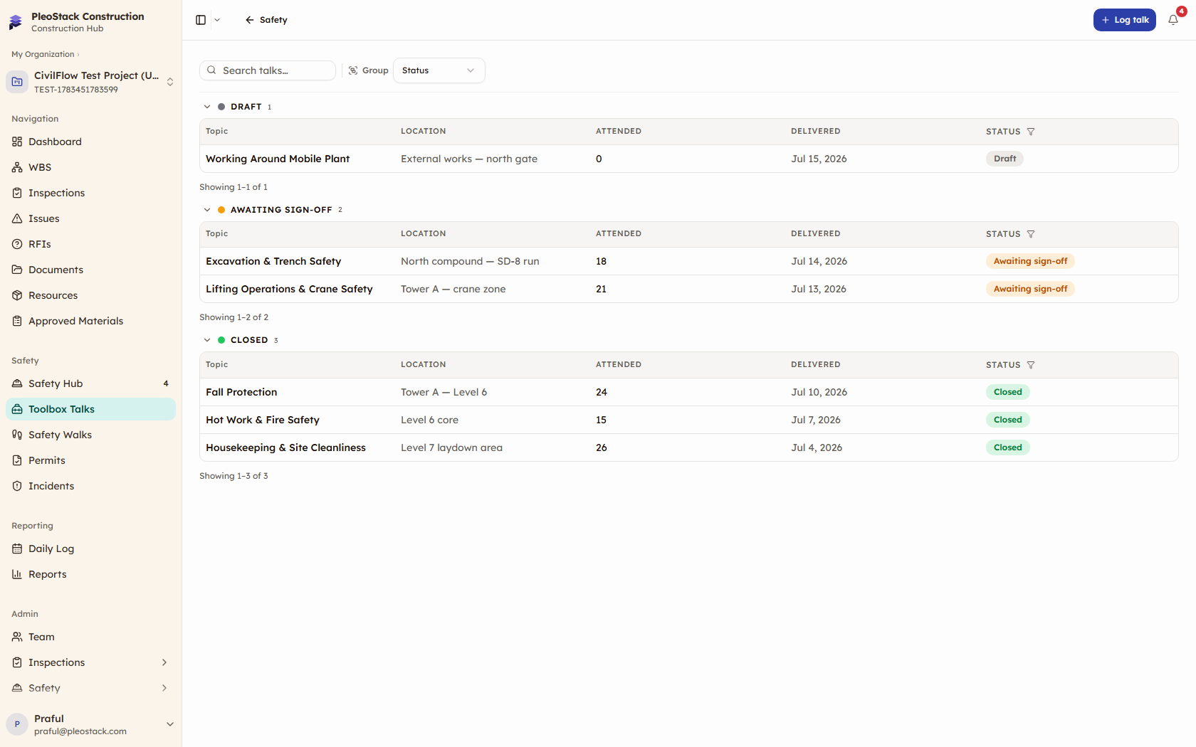 Toolbox talks register with topics, attendance counts, dates, and status badges