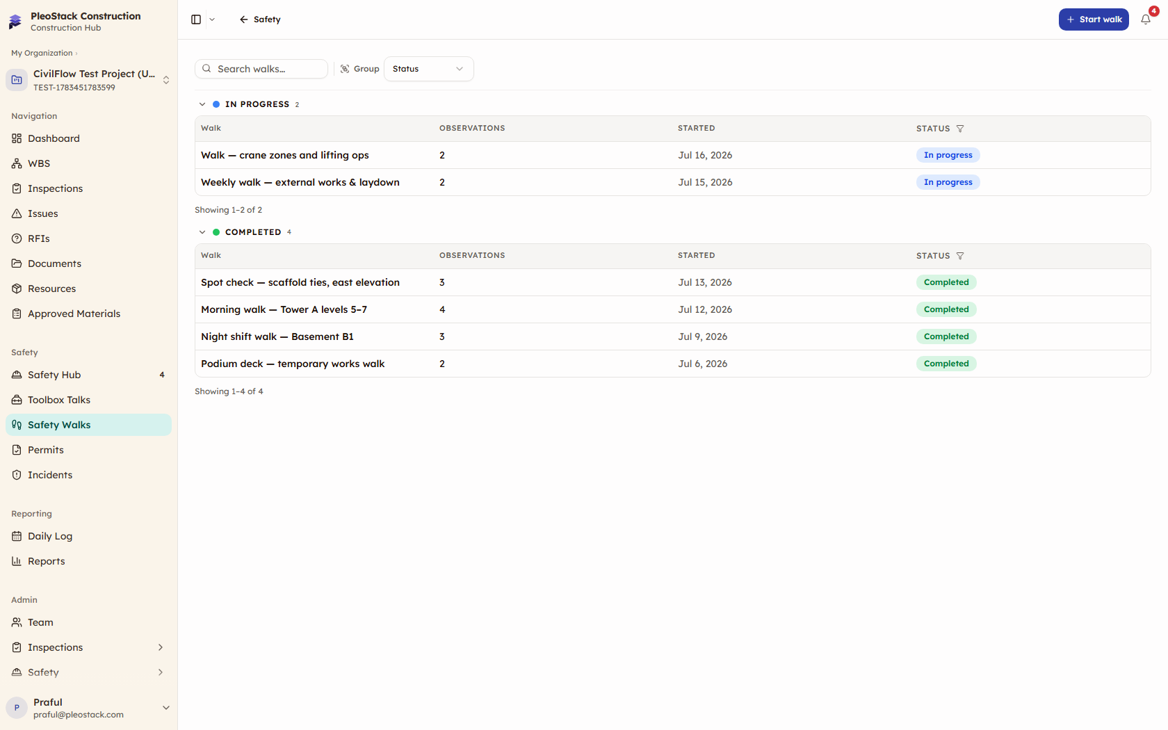 Safety walks register with names, observation counts, and completion status