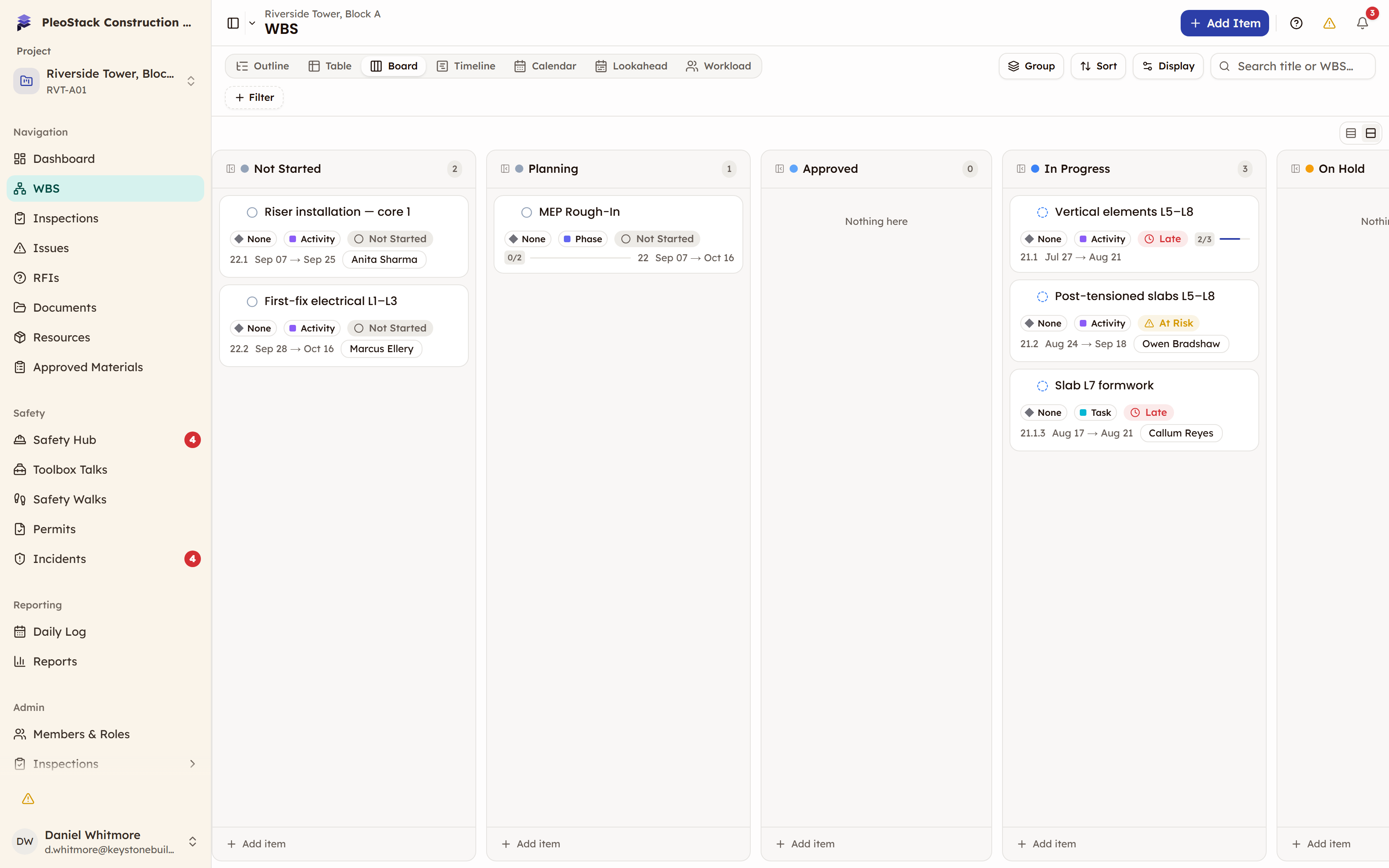 The Board view with columns per status and cards for activities and tasks