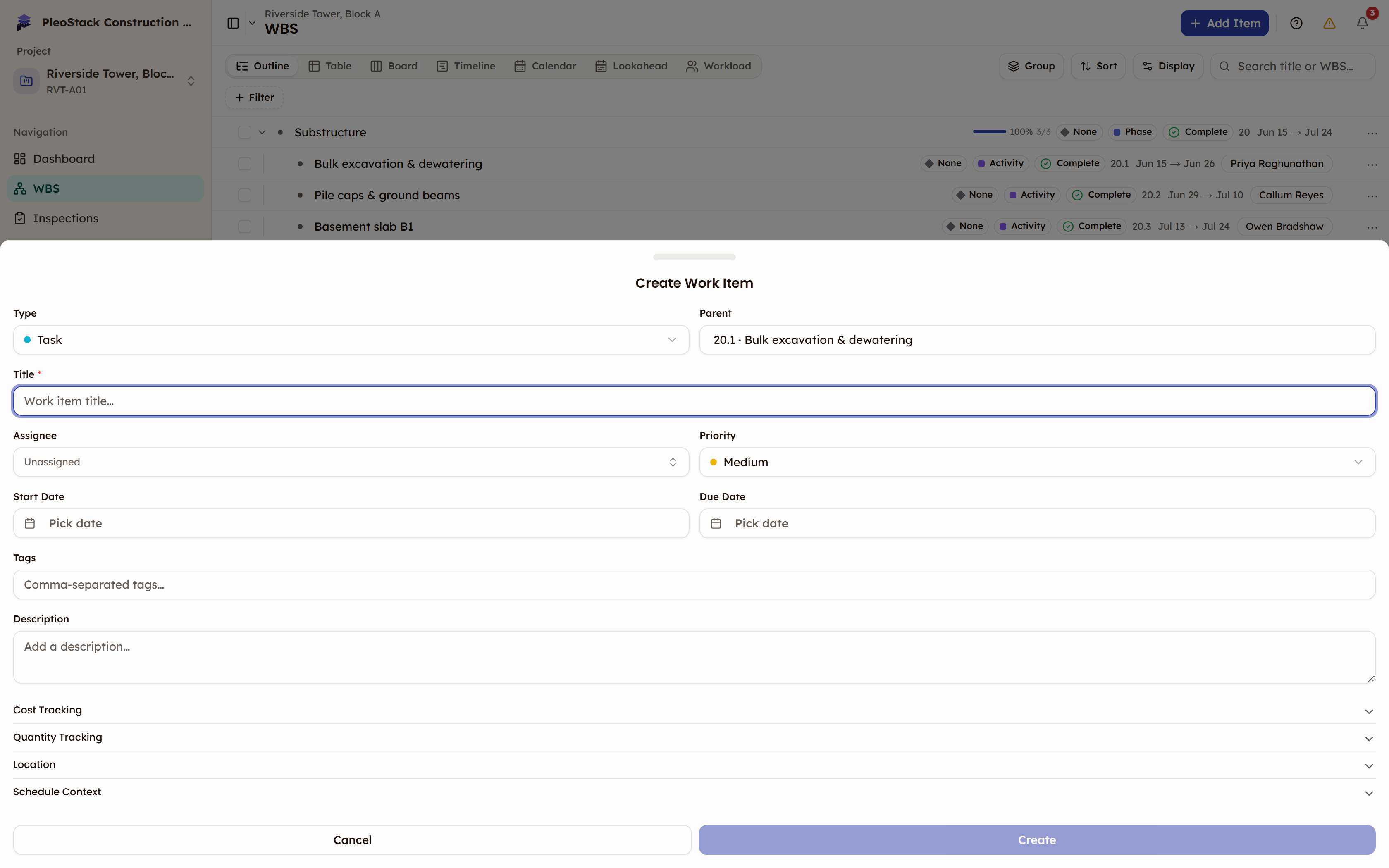 The Create Work Item drawer showing Type, Parent, a required Title field, assignee, priority, dates and tags