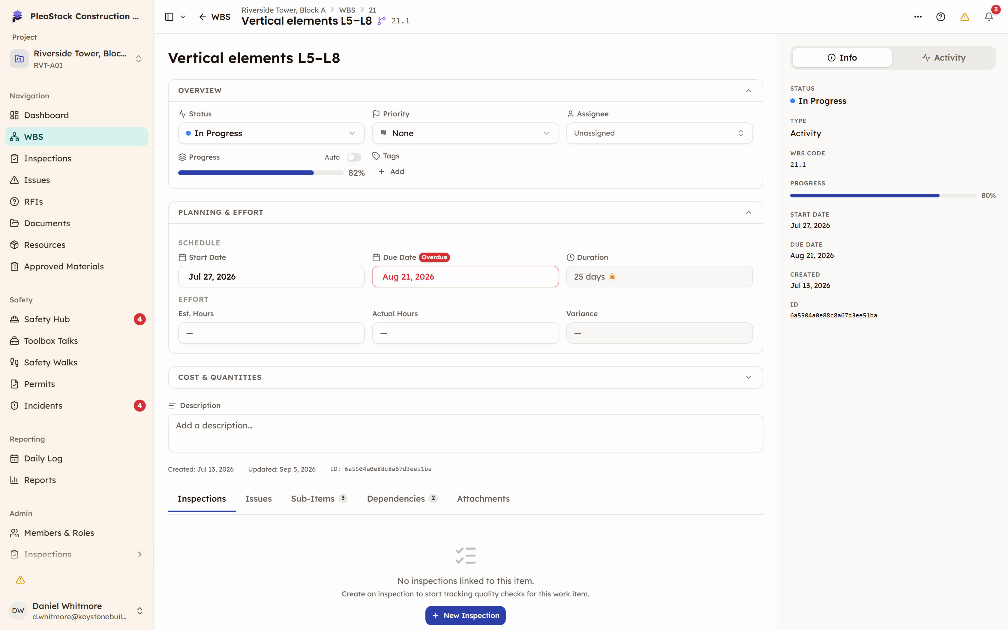 A work item page with WBS code breadcrumbs, the Overview grid and the tab bar showing counts