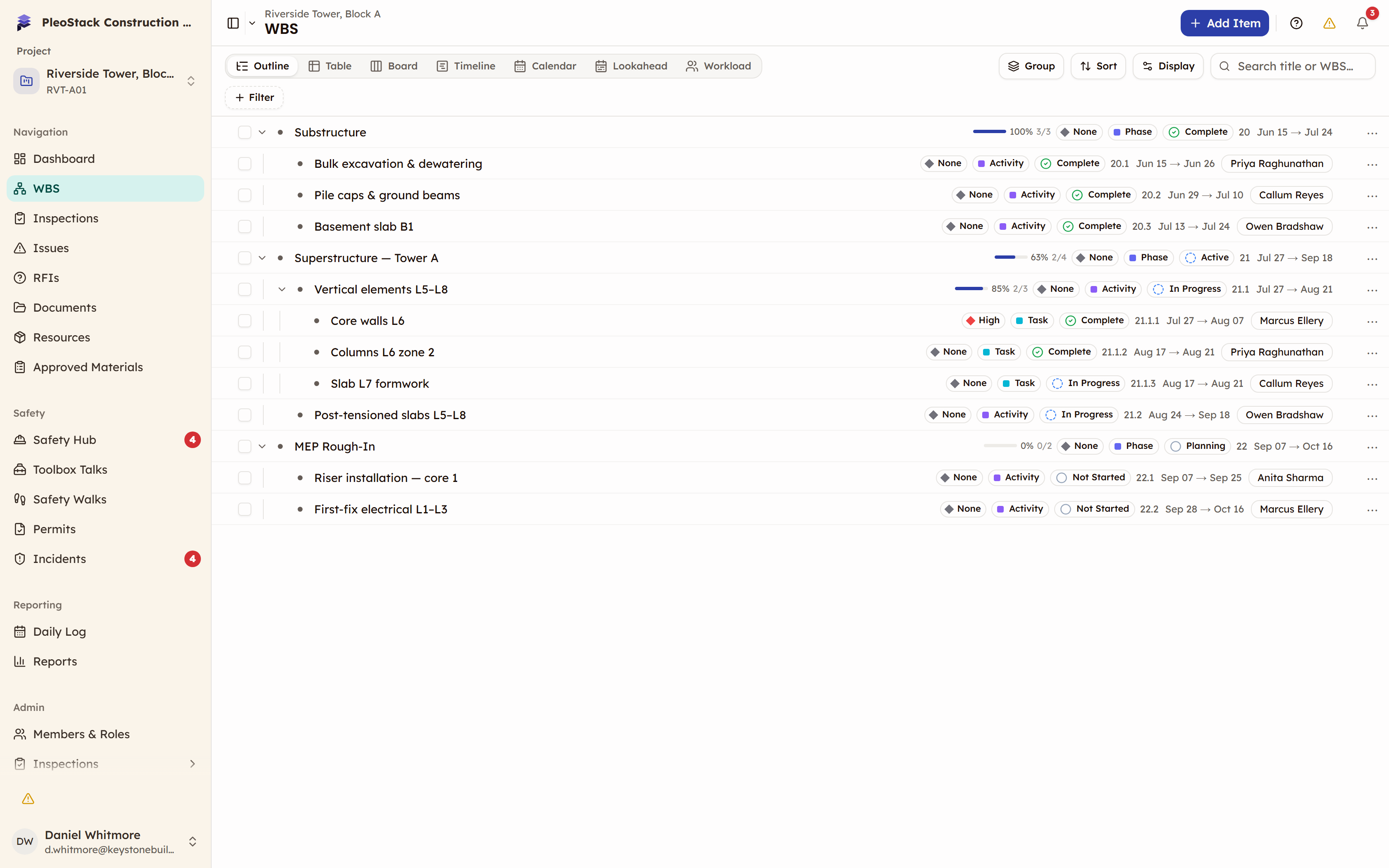 The WBS outline showing a phase expanded into activities and tasks, with WBS codes, statuses and dates