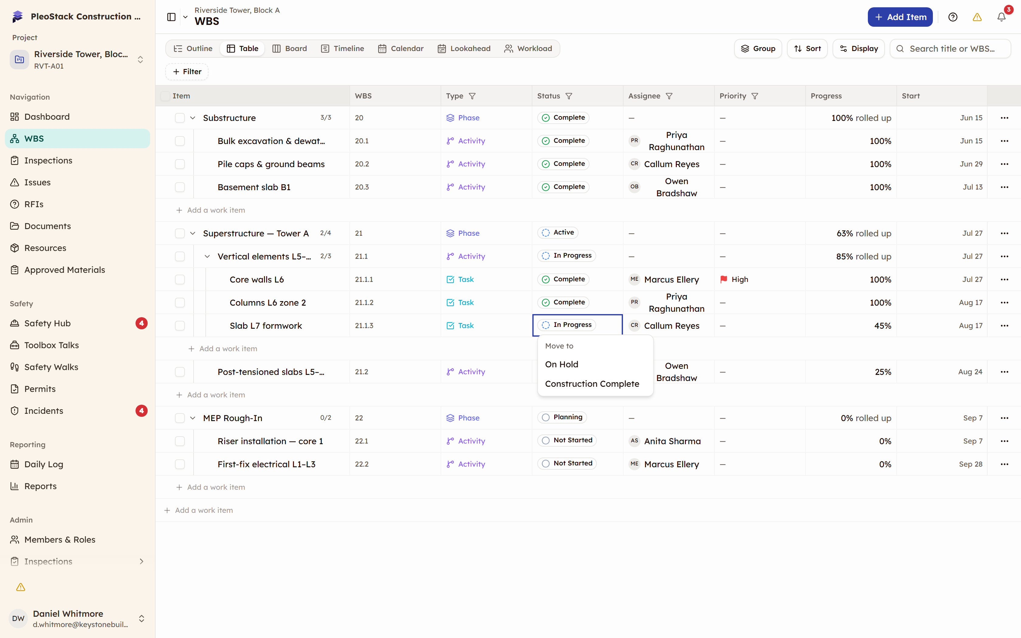The Move to menu open on a task, listing only the transitions legal from its current status