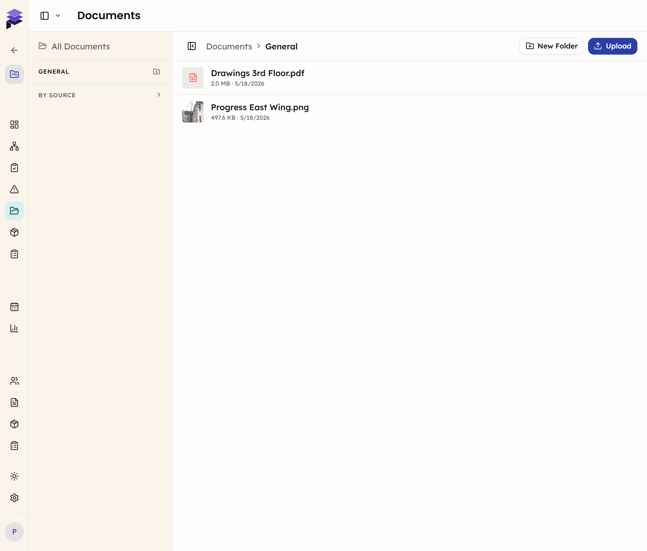PleoStack Documents showing folder management and source-based browsing