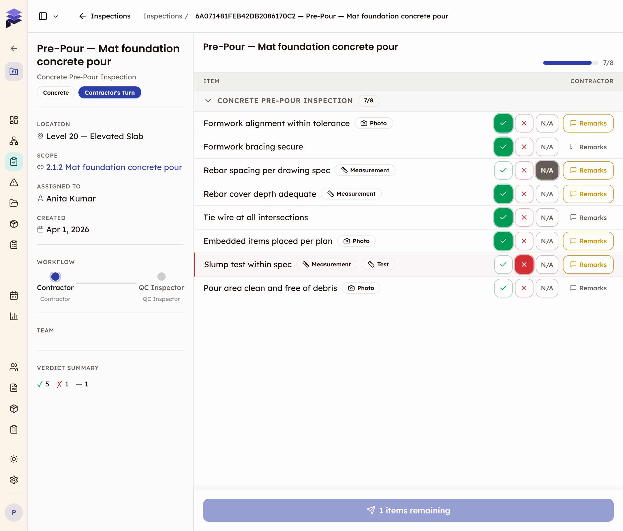 PleoStack Inspections showing a checklist with multi-party review and evidence