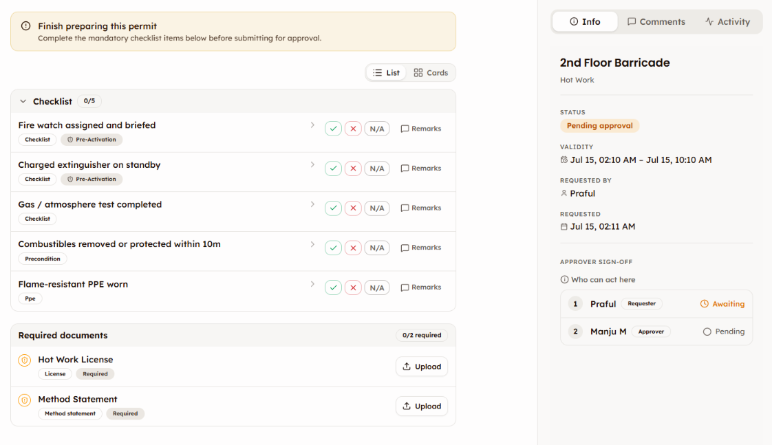 PleoStack permit to work showing a mandatory checklist, required documents, and approver sign-off