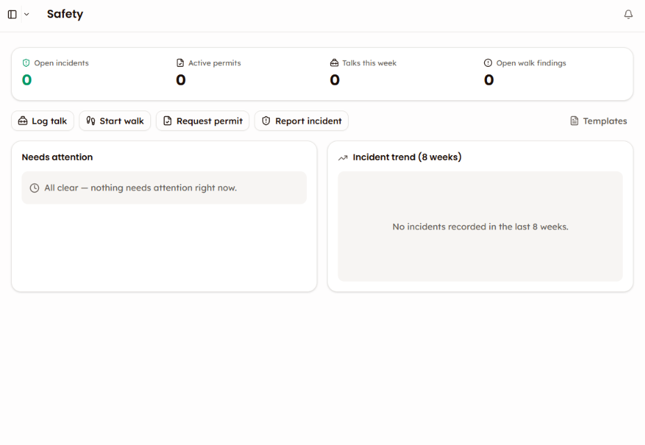 PleoStack Safety Hub showing KPIs, quick actions, a needs-attention feed, and incident trend